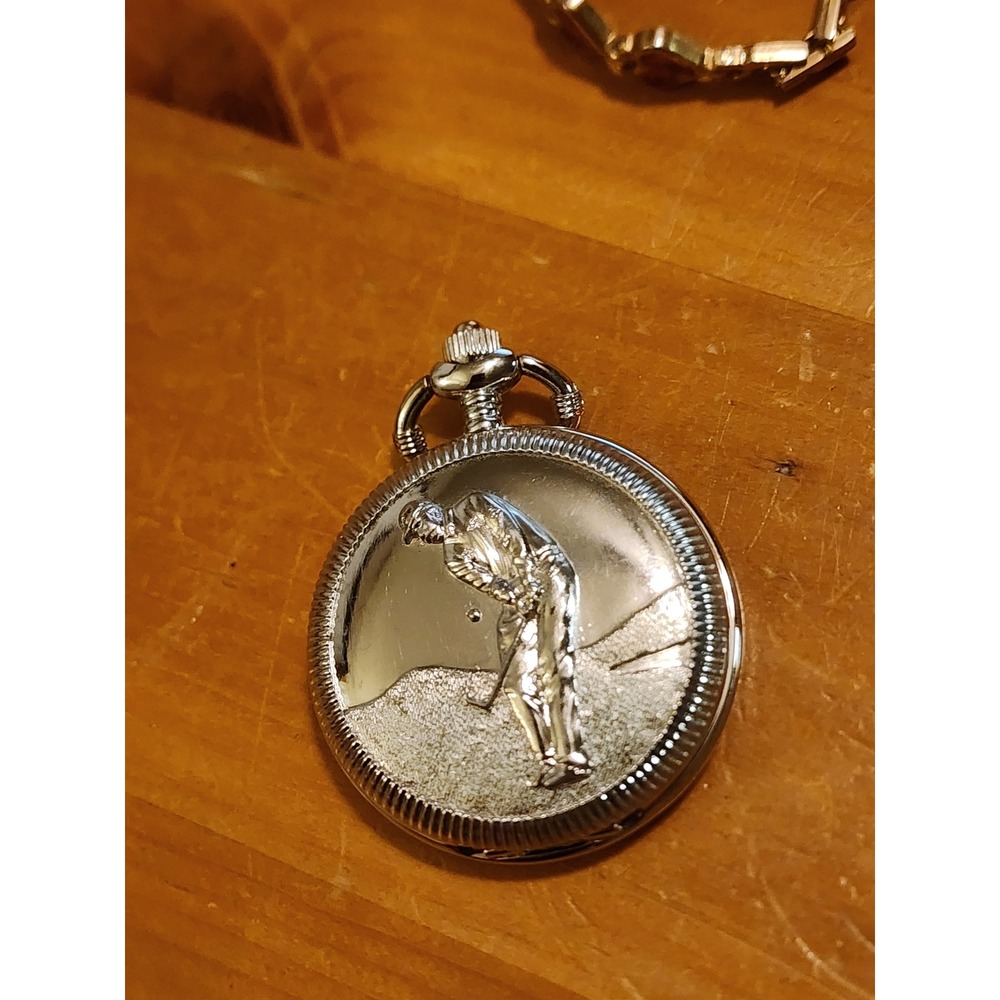 Vintage Silver Tone Golfer Pocket Watch Japan Movt Quartz Hunter Case As Is